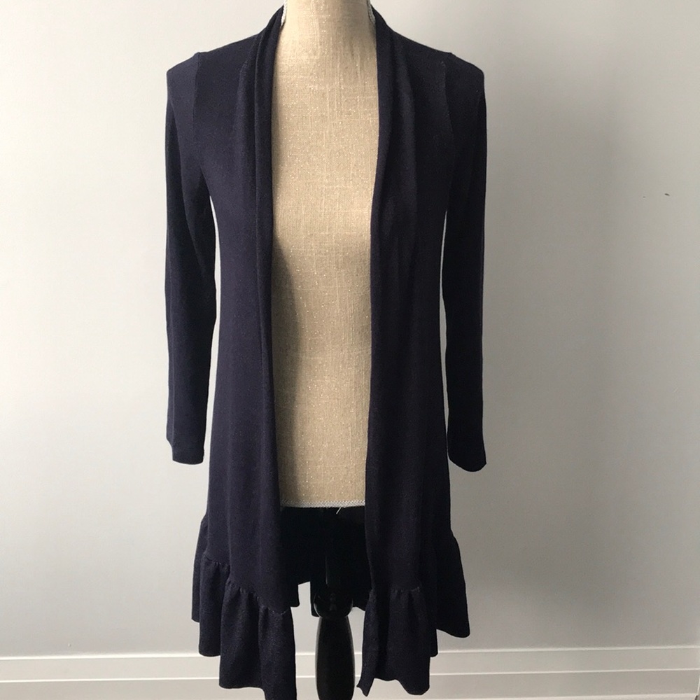 Ruffle bottom navy cardigan